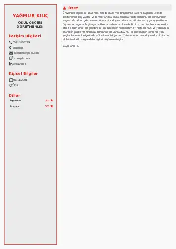 Okul Öncesi Öğretmeni Öğretmenliği Cv Örnekleri cv indir